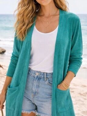 J. Jill Teal Open-Front Linen Cardigan Pockets Medium